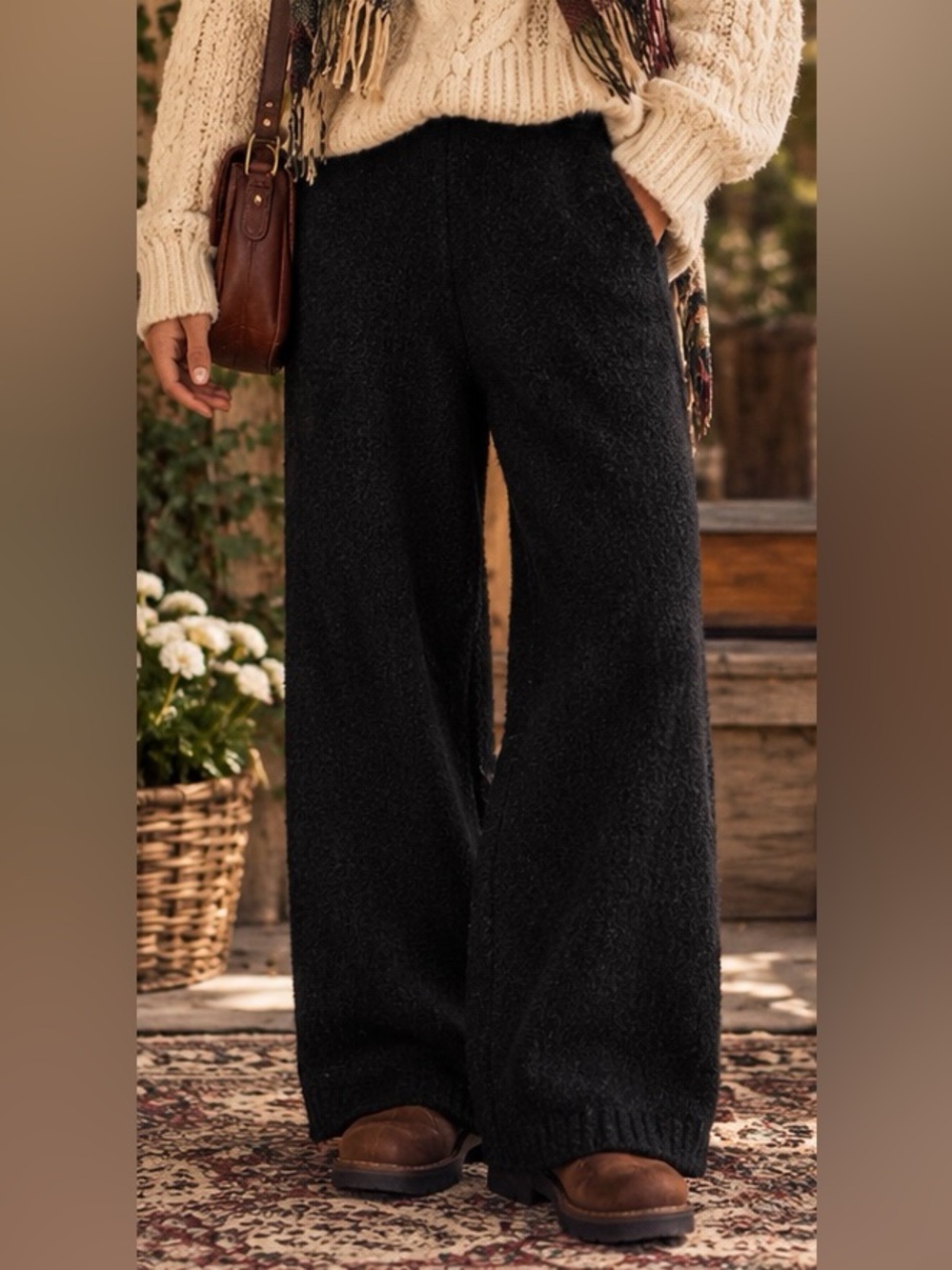 Zara Black Wide-Leg Knit Teddy Pants